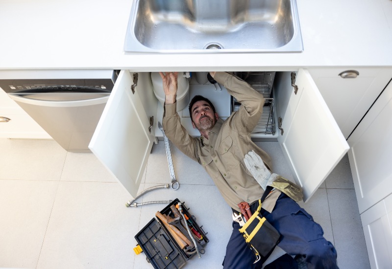 Expert Plumbing Service Plumber Fixing a Leak in the Sink of the Kitchen in Illinois